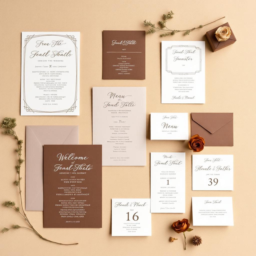 Elegant wedding invitations, menus, welcome signs and table stationery